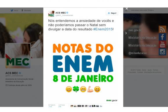 Notas do Enem serão divulgadas no dia 8 de janeiroReprodução Twitter/MEC